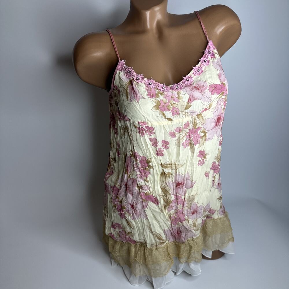 Vintage Clef de Sol Y2K Floral Babydoll Tank Top M Mesh Lace Fairycore Coquette